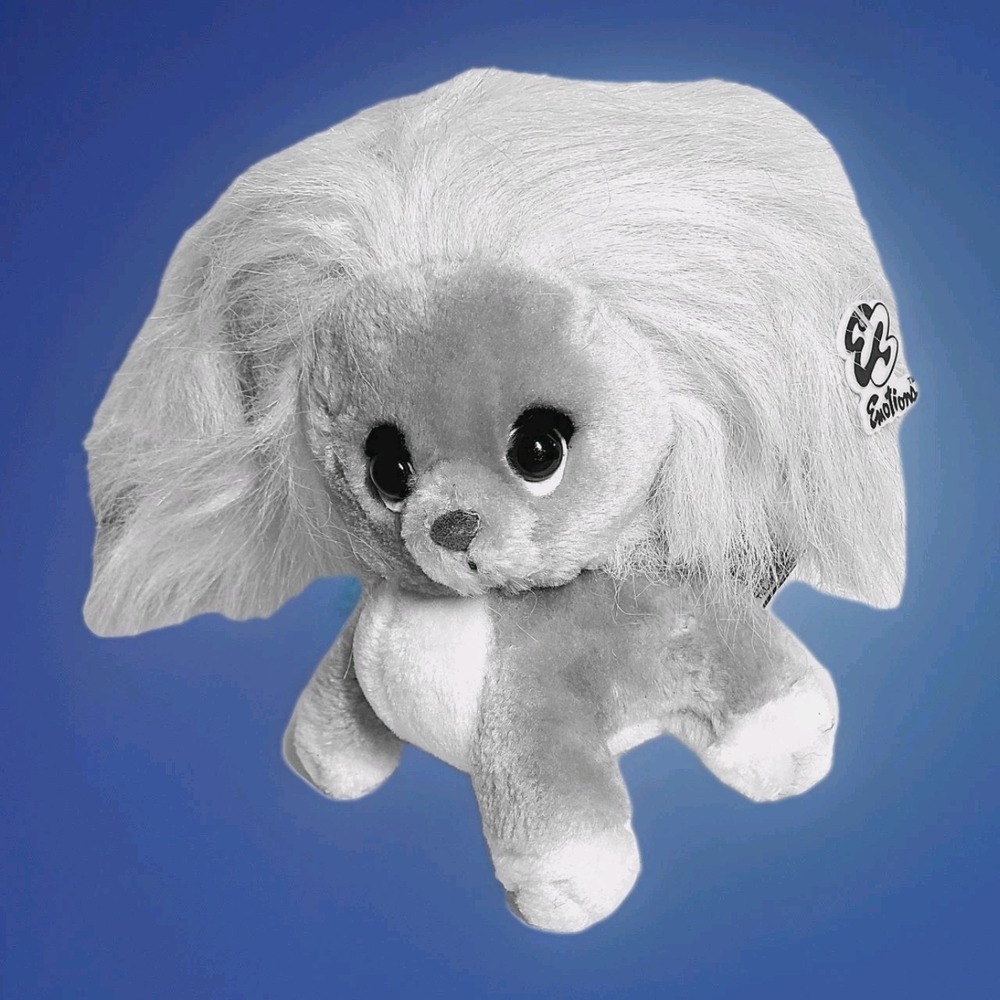 Mattel Emotions Tiffie Dog Plush 9" Gray Long Hair Bows Tag 1983 VTG